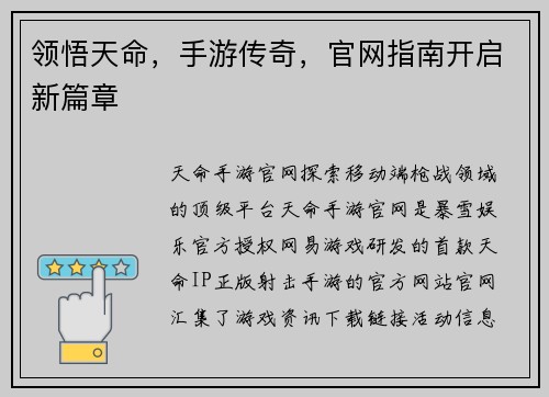 领悟天命，手游传奇，官网指南开启新篇章